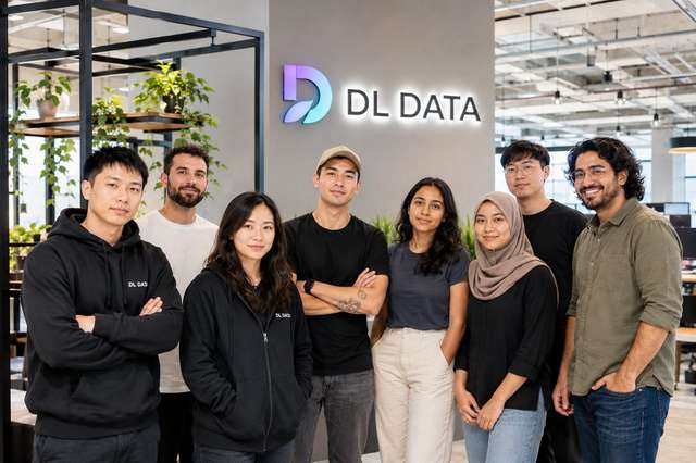 The DL Data team standing together in front of the DL Data office sign